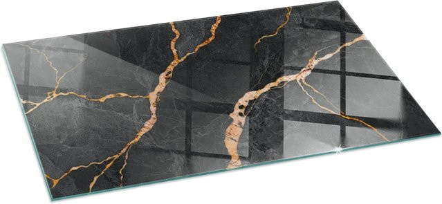 Tulup Glasplatte für Kamin in Schwarz mit Marmor-Optik, Funkenschutzplatte für Kaminöfen, B/T: 140 x 70 cm - Bild 1