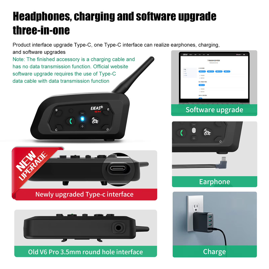 EJEAS V6 PRO+ Bluetooth-Headset für Motorradhelme, wasserdichte Gegensprechanlage mit 800 m Reichweite, Vollduplex-Kommunikator für 6 Fahrer, Schwarz - Bild 4
