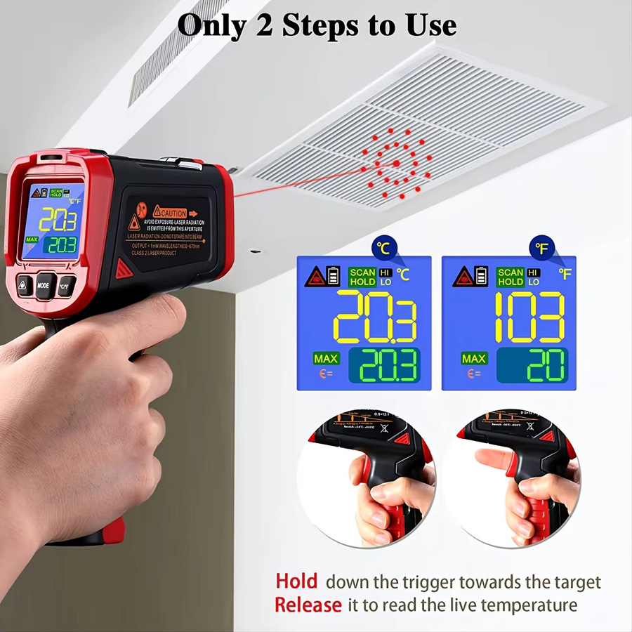 UYIGAO Infrarot-Thermometer Laser-Temperaturpistole mit Hintergrundbeleuchtung und einstellbarem Emissionsgrad in Schwarz - Bild 4