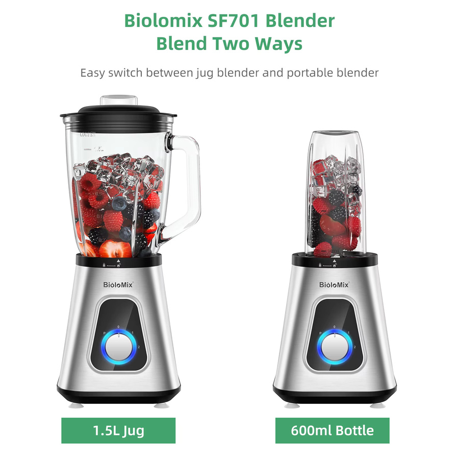BioloMix professioneller Smoothie-Mixer in Silber mit 1300 W Leistung und 1,5 l Glasbehälter - Bild 4