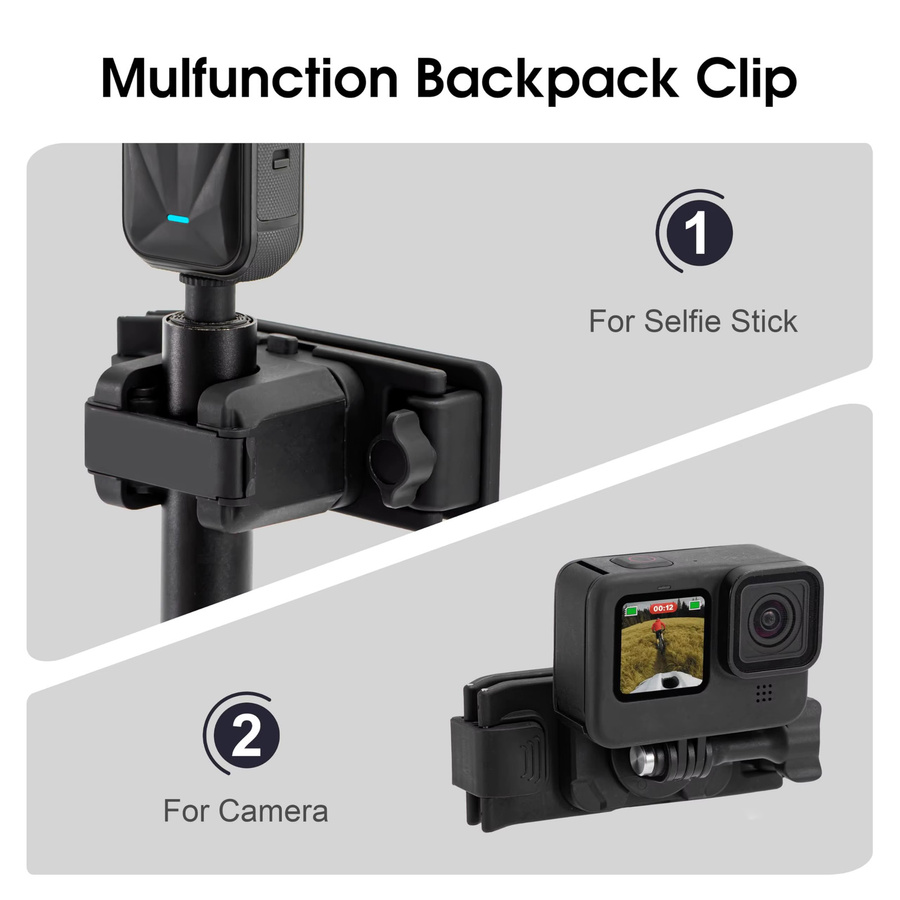 Selfie-Stick-Halterung als Rucksackgurt-Clip für Insta360 X4 X5 Air Go Ultra und DJI Osmo Action in Schwarz - Bild 3