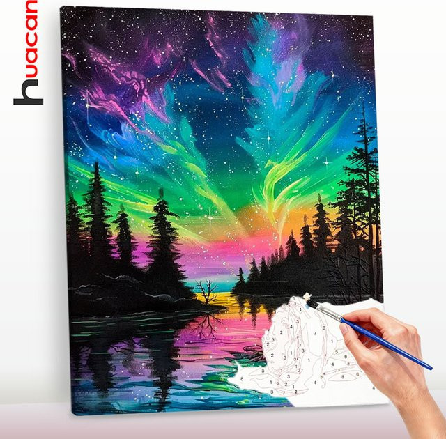 Huacan Malen nach Zahlen Sternenhimmel-Landschaft auf Leinwand mit Farbmarkern in Mehrfarbig - Bild 1