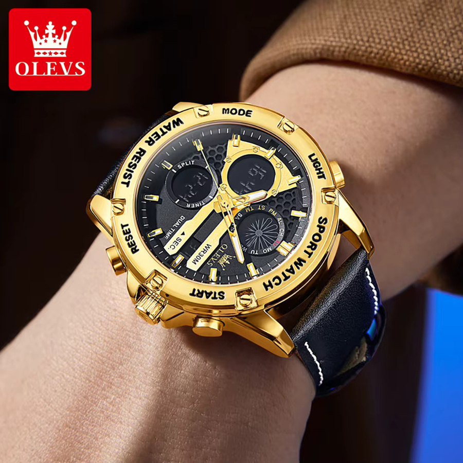 OLEVS Armbanduhr, Quarz, Lederarmband, Gold, Schwarz, Herren - Bild 3