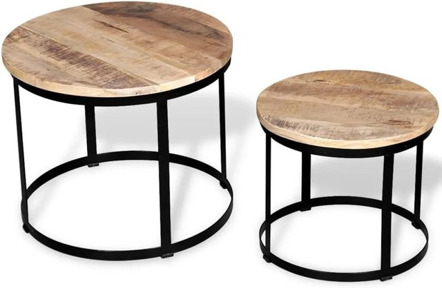 vidaXL 2-teiliges Couchtisch-Set aus Mangoholz und Eisen in Braun und Schwarz, runde Couchtische im Industrie-Stil, Durchmesser: 40 cm und 50 cm - Bild 1