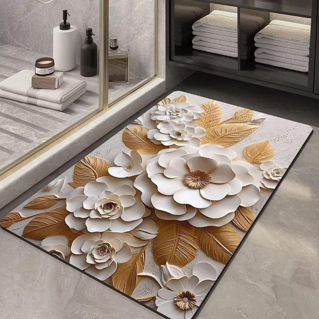 Saugfähige Kieselgurmatte mit Blumenmuster von Yiran Furniture, rutschfeste Fußmatte in Weiß, B/B/H: 40 x 60 cm - Bild 1