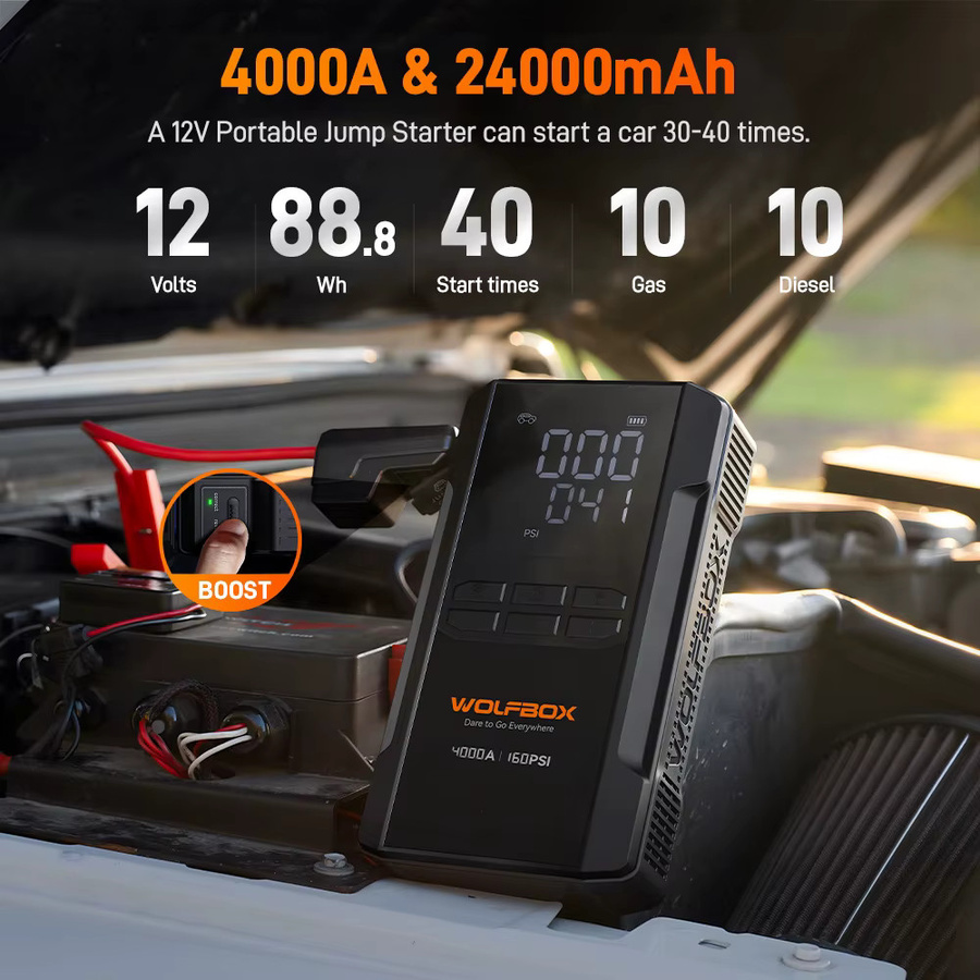 WOLFBOX JS24AIR Starthilfe und Luftkompressor 4000A, 12V Autobatterie-Booster mit 160PSI Reifenfüller und LED-Licht, Schwarz - Bild 2