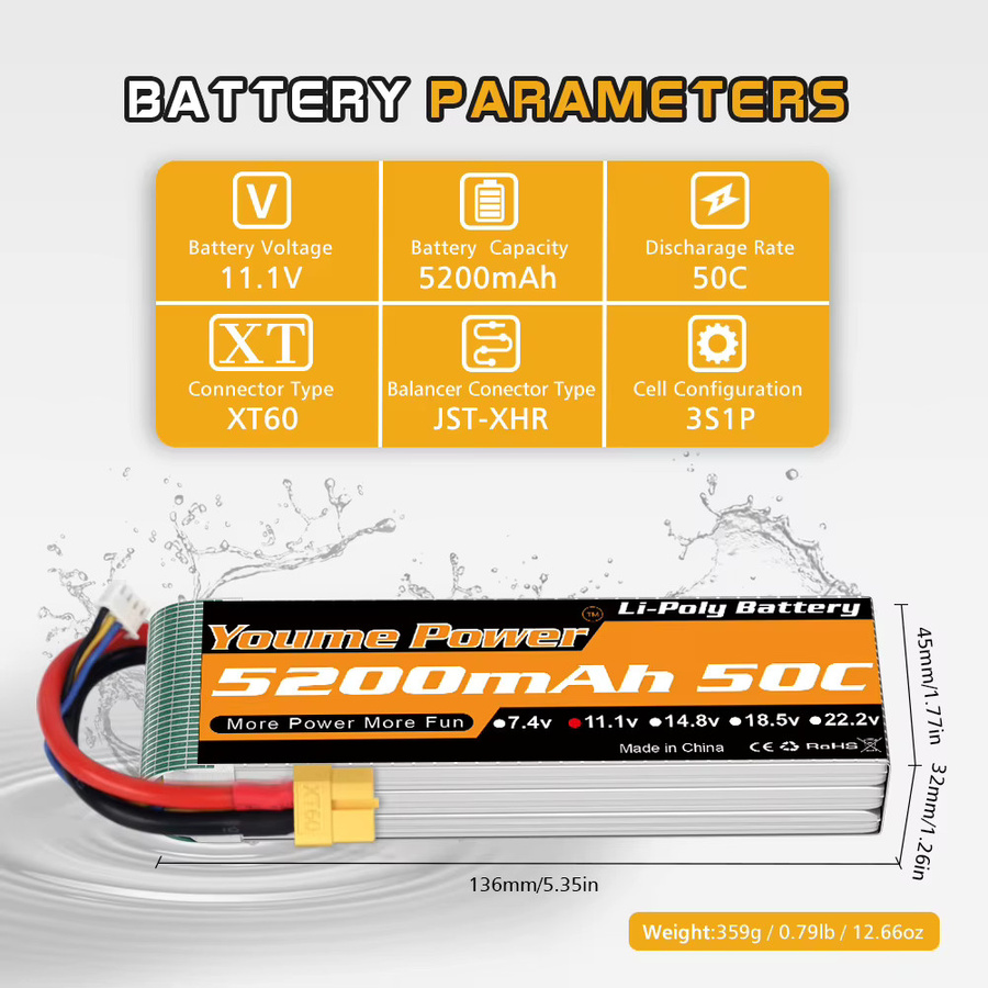YOUME POWER 3S LiPo-Akku mit 11,1 V, 5200 mAh und XT60-Anschluss für RC Cars, Flugzeuge, Drohnen und Boote - Bild 2