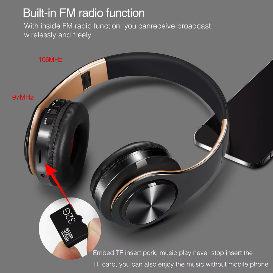 CATASSU HIFI-Stereo-Bluetooth-Kopfhörer mit FM-Radio, SD-Kartenslot und Mikrofon in Schwarz und Rot - Bild 4