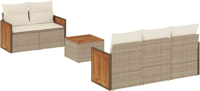 vidaXL 6-teilige Garten-Sofagarnitur aus PE-Rattan und Akazienholz in Beige mit Kissen und Tisch - Bild 1