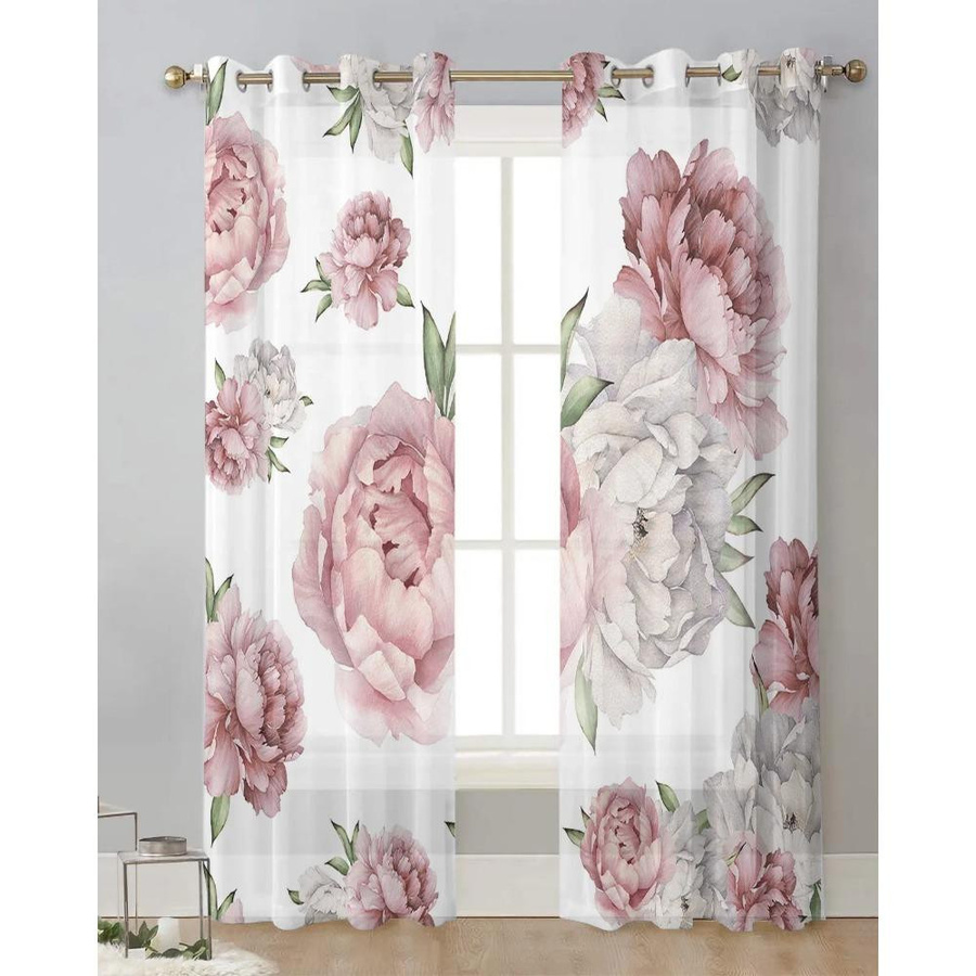 Yiran Furniture Vintage Vorhang mit Blumenmuster in Rosa und Weiß, transparenter Tüll aus Organza, Breite: 135 cm, Höhe: 274 cm - Bild 1