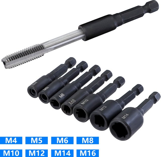 RUITOOL Gewindebohrer-Stanz-Adapter Set mit 1/4 Zoll Sechskantschaft für elektrische Bohrmaschinen, 6 Stück, M4 bis M12 - Bild 1