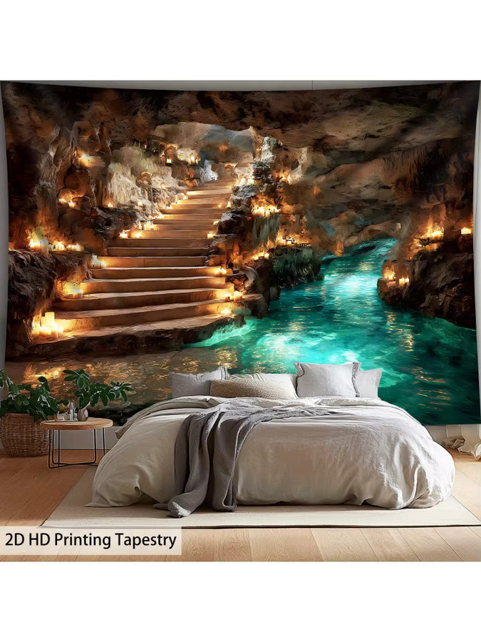 VIKAMA Wandteppich mit mysteriösem Höhlen-Treppenhaus und Kerzen-Motiv zur Wohnzimmer-Dekoration - Bild 2