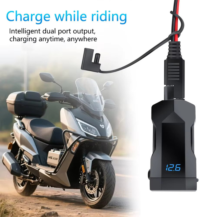 Motorrad USB Ladegerät mit Voltmeter und PD QC3.0 Schnellladefunktion, Dual USB Buchse mit USB-C, wasserdicht, Schwarz, 12V Adapter für den Lenker - Bild 5