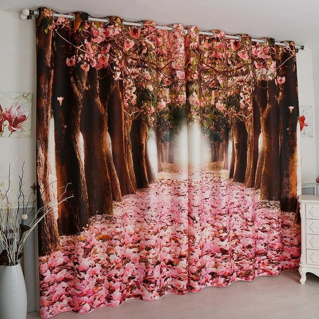 Yiran Furniture Blackout Vorhang mit Nordischer Landschaft und Blumenmuster in Grün und Pink, B: 139,7 cm x H: 120 cm - Bild 1