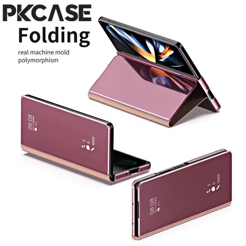 PKCASE Smart Mirror Flip Handyhülle aus Leder für Samsung Galaxy Z Fold 8 Z Fold 7 Z Fold 6 Z Fold 5 Z Fold 4 Z Fold 3 5G in Gold und Pink - Bild 2