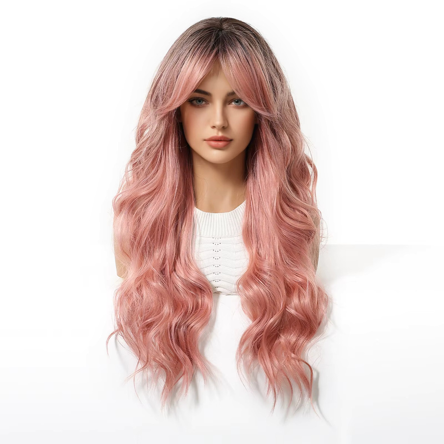 ELEMENT Ombre-Perücke, schwarzbraun bis rosa, gewellt, mit Pony, Damen - Bild 2