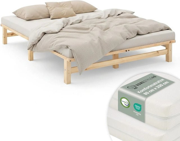 Homestyle4u Palettenbett aus Kiefernholz in Natur mit Matratze, Jugendbett im skandinavischen Design, B/T/H: 160 x 200 cm