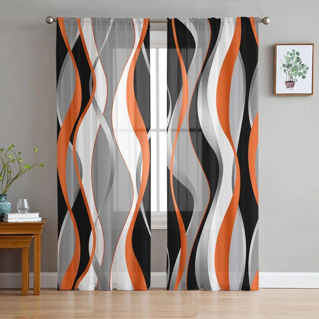 Yiran Furniture Transparente Organza-Vorhänge mit abstraktem Linien-Farbverlauf in Rot und Orange, B: 135 cm, H: 185 cm - Bild 1