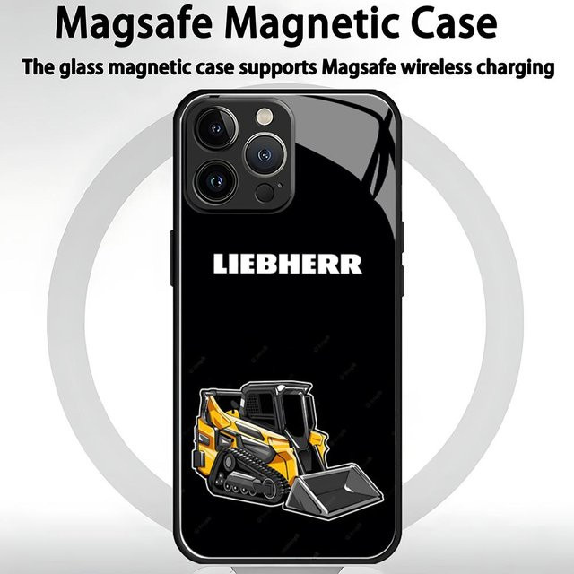 Magnetische Glas Handyhülle mit Liebherr Bagger Motiv für iPhone 11 bis iPhone 16 Pro Max in Schwarz - Bild 1