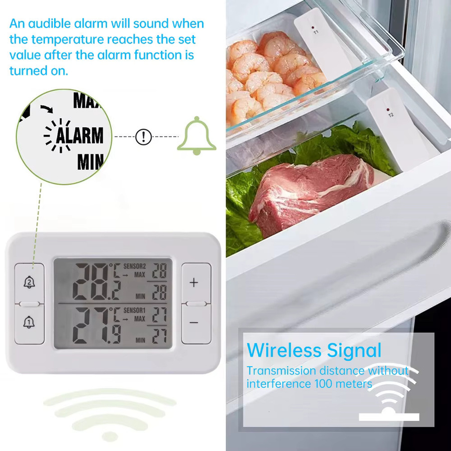 Gaqqee 2-in-1 Mini Kabelloses Übertragungsthermometer für Innen und Außen, Elektronisches LCD-Thermometer mit Alarmfunktion für Zuhause und Gefrierschrank, Weiß - Bild 2