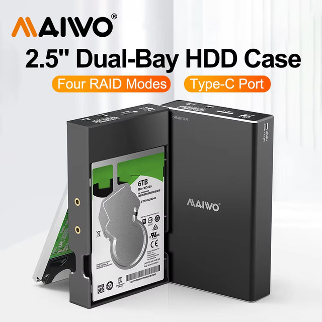 MAIWO Mobile Festplattenbox RAID Disk Array Dual Bay für 2,5 Zoll SSD und mechanische Festplatten, Schwarz mit Schutzhülle - Bild 1