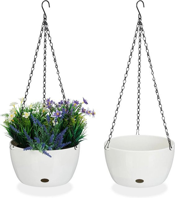 Relaxdays Blumenampel 2er Set mit Wasserspeicher aus Kunststoff und Stahl in Weiß oder Schwarz, Höhe: 60 cm, Breite: 24 cm, Tiefe: 24 cm - Bild 1