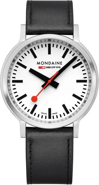 Mondaine Herrenuhr Stop2go, Quarz, Edelstahl, 41 mm, Leder, Weiß - Bild 1