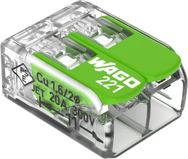 Wago Verbindungsklemme 221-422 mit Hebeln, 2 Leiter, transparent, 16 Stück - Bild 1