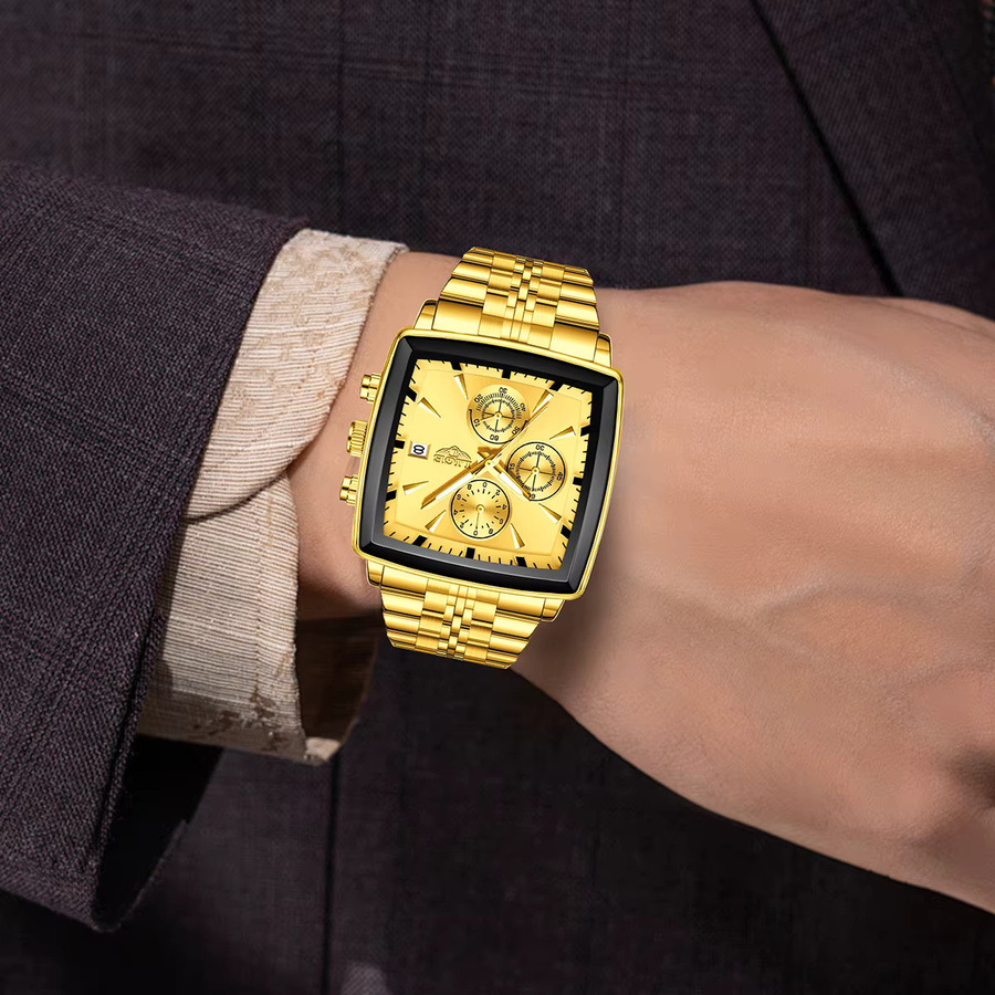 LIGE Chronograph Armbanduhr, Edelstahl, Gold, Quarz, Herren, Eckig - Bild 5