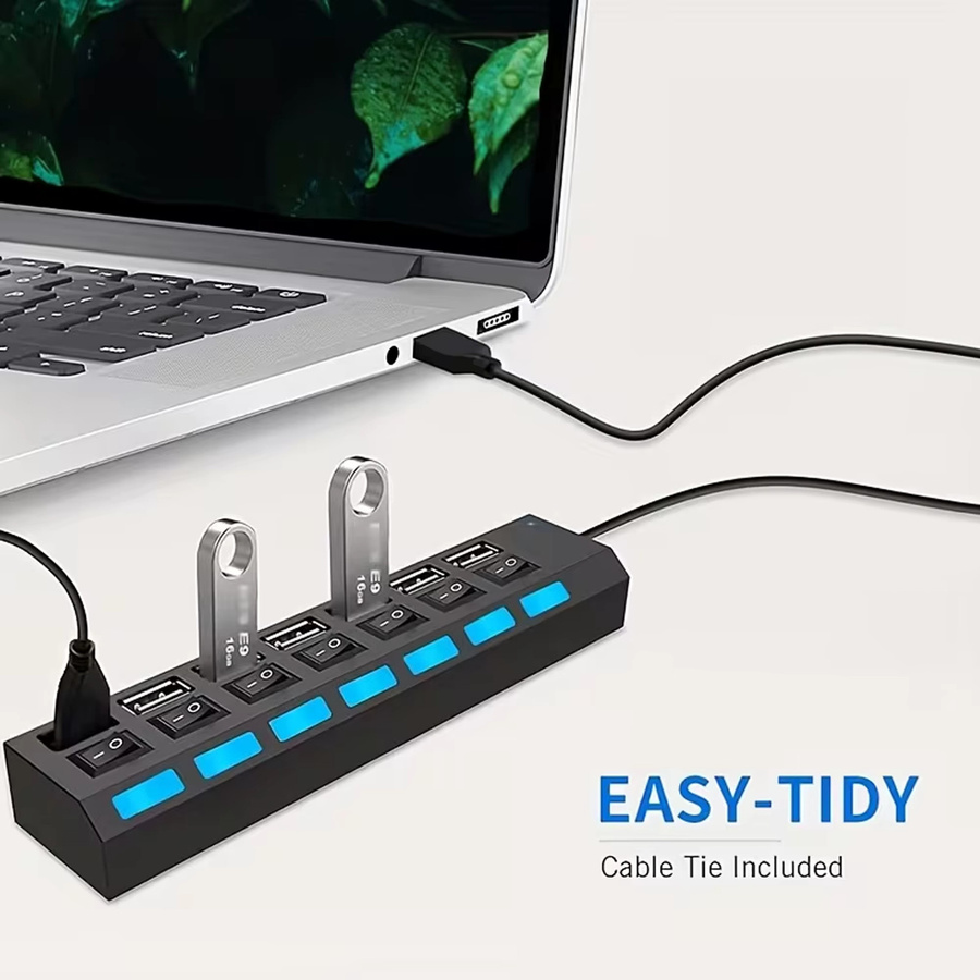 7-Port USB 2.0 Hub Schwarz mit unabhängiger LED Ein/Aus Funktion als USB-Verteiler für PC, MacBook und Laptop - Bild 6