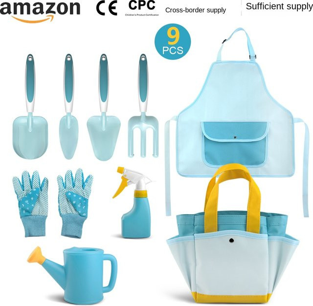 CH CACILLO Gartenwerkzeug Set für Kinder in Blau mit Schaufel, Rechen, Gießkanne, Blumenkorb und Tasche - Bild 1