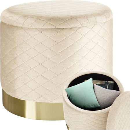 tectake Sitzhocker mit Stauraum rund gepolstert in Samtoptik mit Steppmuster Creme B/T/H: 51 x 51 x 44,5 cm
