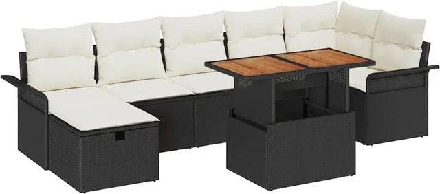 vidaXL Garten-Sofa-Set aus Polyrattan in L-Form, 8-teiliges Lounge-Set mit Kissen und Tisch in Schwarz und Beige - Bild 1