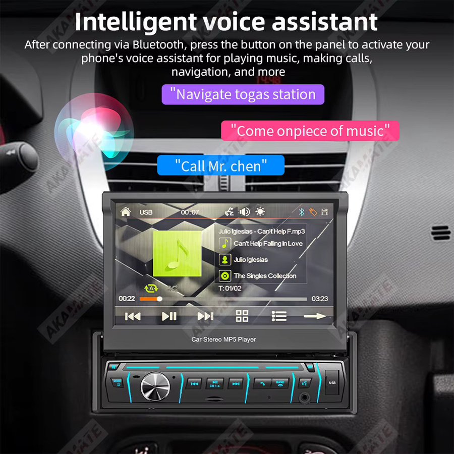 AKAMATE 7-Zoll Autoradio mit manuell einziehbarem Bildschirm, Bluetooth, Mirrorlink und Sprachassistent, 1Din Multimedia-Player in Schwarz - Bild 3