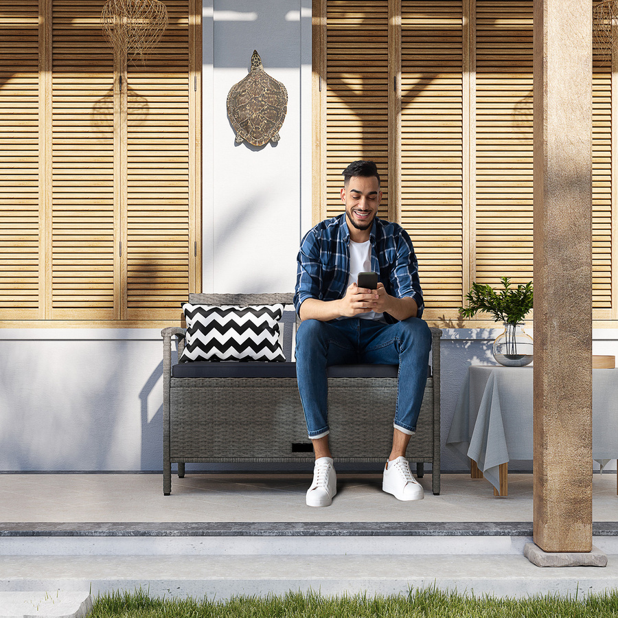 Outsunny Gartenbank für 2 Personen mit Aufbewahrungsfunktion aus Polyrattan und Kissen, Grau, Höhe: 112 cm - Bild 2