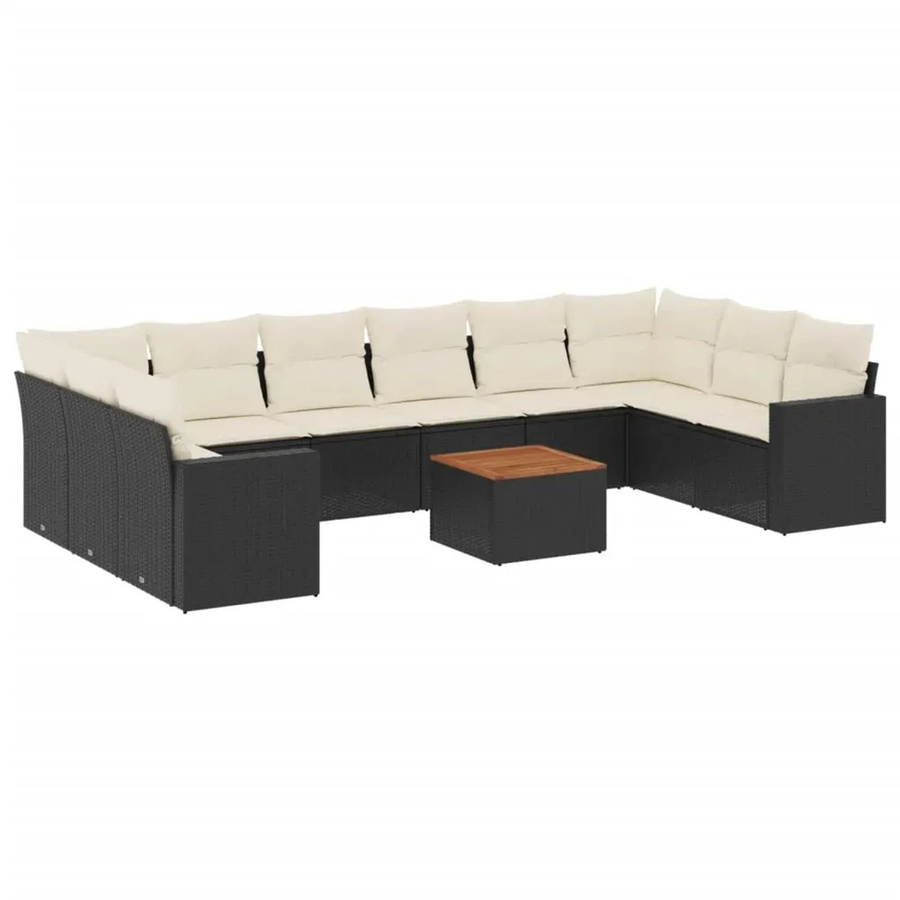 vidaXL 11-tlg. Garten-Sofagarnitur in L-Form aus Polyrattan und Akazienholz mit Kissen in Schwarz-Creme - Bild 2