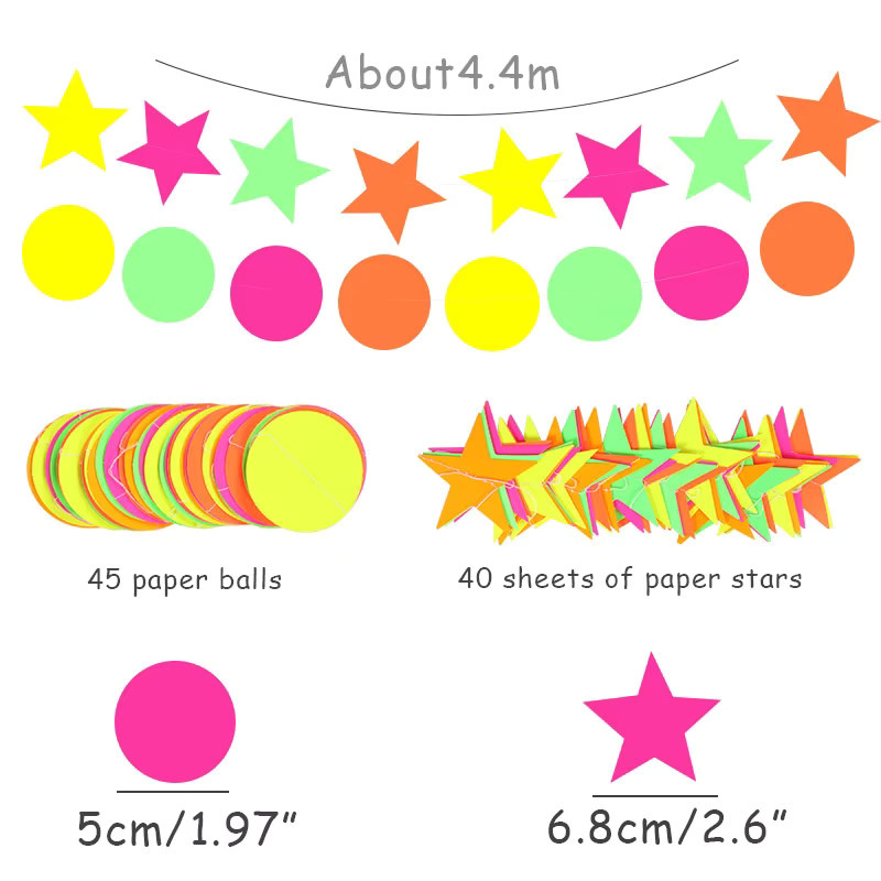 Neon-Party-Girlande von joy-enlife mit Punkten und Sternen aus Papier in Multicolor, leuchtet im Dunkeln für Geburtstag und Hochzeit - Bild 4