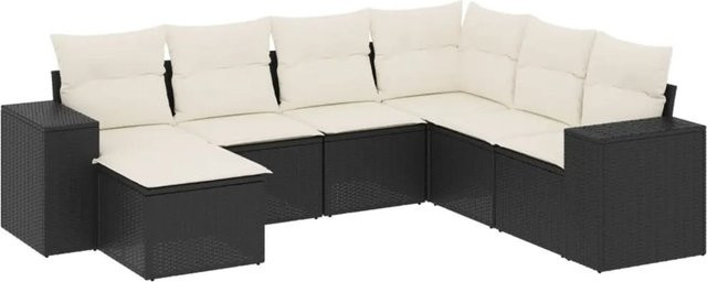 vidaXL 7-teilige Garten-Sofagarnitur in L-Form aus schwarzem PE-Rattan mit cremeweißen Kissen und pulverbeschichtetem Stahlgestell - Bild 1