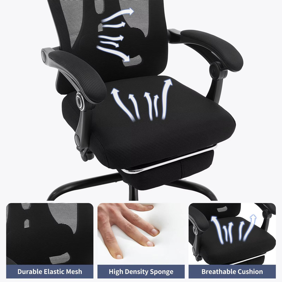 Garvee ergonomischer Gaming-Stuhl mit hoher Rückenlehne und Kopfstütze, atmungsaktives Mesh-Gewebe, verstellbare Lendenstütze und ausziehbare Fußstütze, drehbarer Bürostuhl in Schwarz - Bild 7