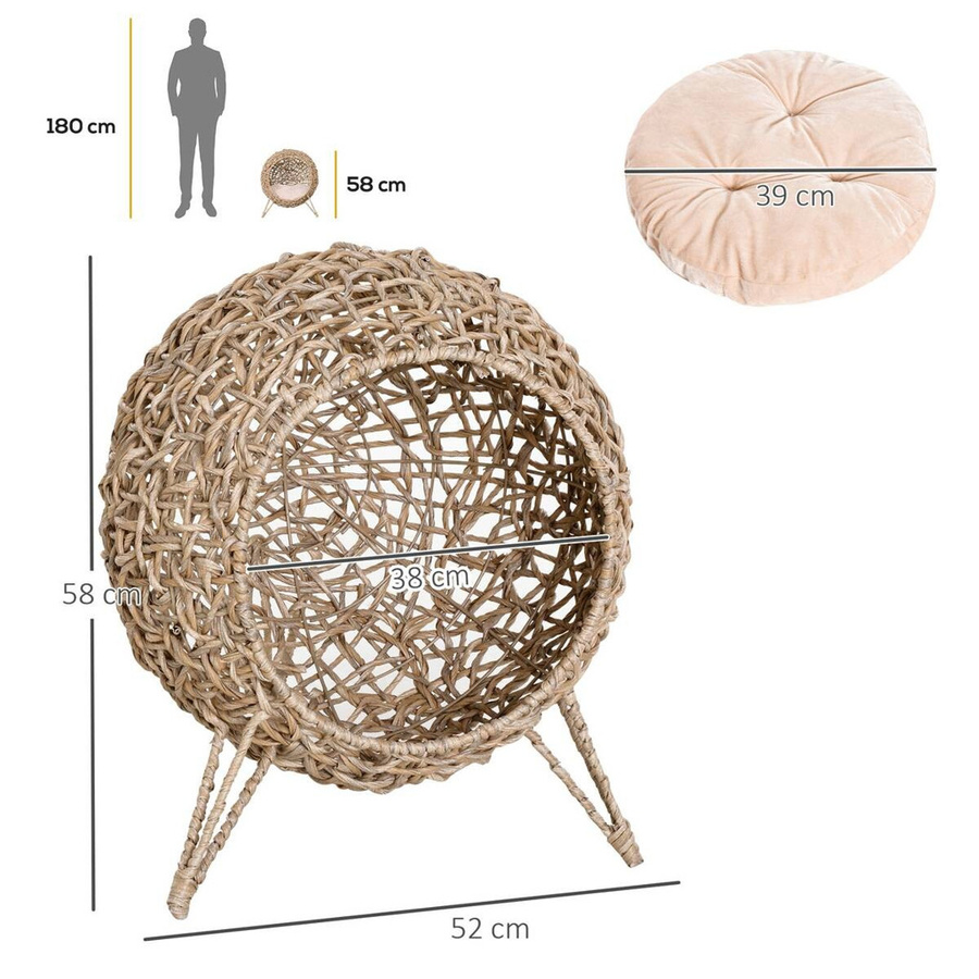 PawHut Katzenkorb aus Rattan in Natur und Beige mit Metallgestell B/H/L: 52 x 58 x 52 cm - Bild 3