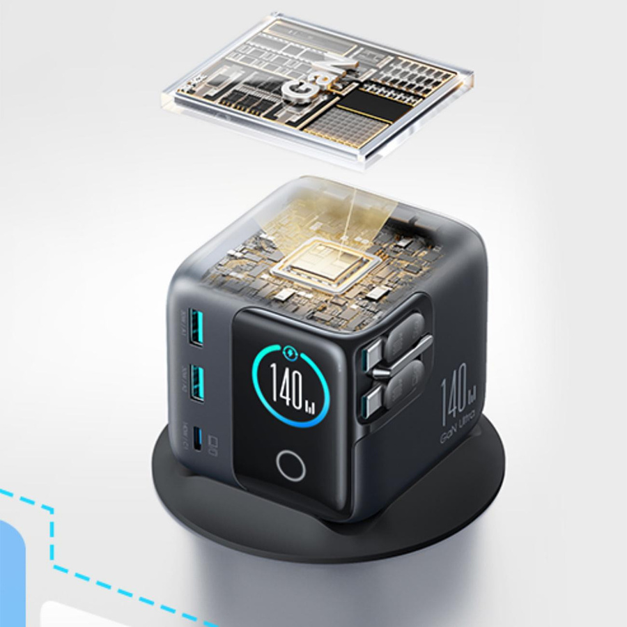 Joyroom Podix JR-TRD01 Ladestation mit 140W GaN und 5 Ports inklusive 2 einziehbarem USB-C Kabel, Grau - Bild 6