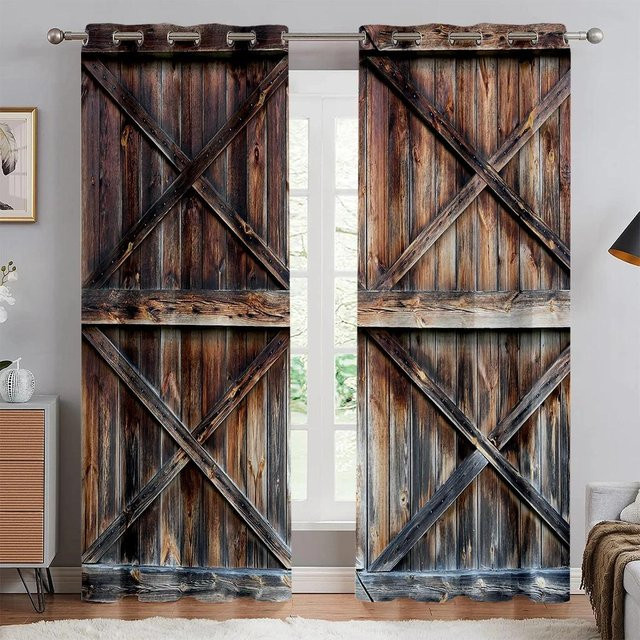 Dekorative Fenstervorhänge im Retro-Holztür-Design von Yiran Furniture mit realistischem 3D-Druck, halbtransparent, braun, B: 170 cm, H: 200 cm - Bild 1