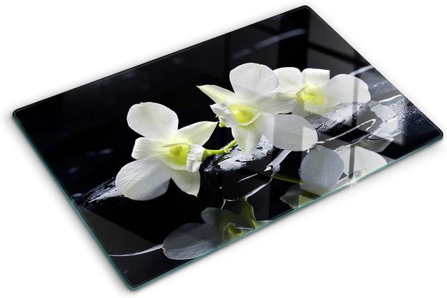 Tulup Herdabdeckplatte aus Glas mit Orchideen-Design in Schwarz, B/T: 80 x 52 cm - Bild 1