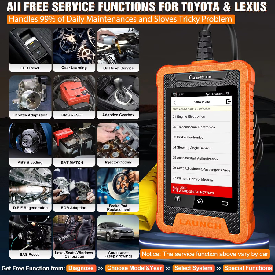 LAUNCH X431 Creader Elite Diagnosegerät für AUDI mit Vollsystem-Diagnose, OBD2 Scanner und bidirektionaler ECU-Codierung in Rot und Orange - Bild 3