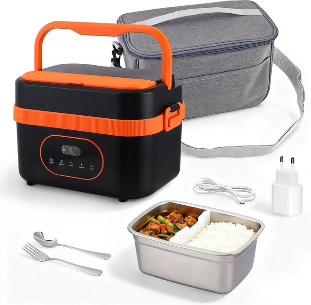 Elektrische Lunchbox von Rbefeuly mit Edelstahlschüssel, 1500 ml Speisenwärmer für Büro und Reisen, Schwarz oder Orange - Bild 1