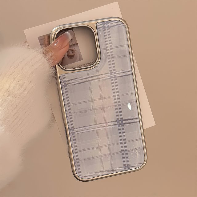 Stoßfeste iPhone Schutzhülle mit blauem Gittermuster und versilbertem Rahmen für Apple iPhone 16 bis 11 Pro Max Plus XR - Bild 1