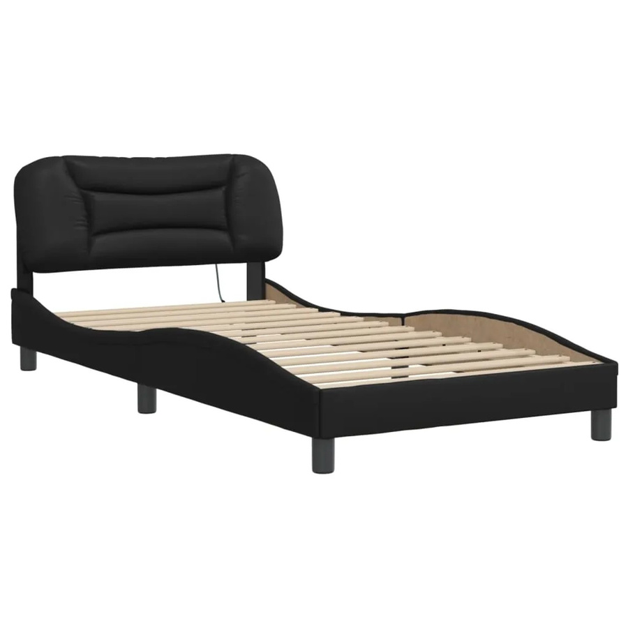 vidaXL Bettgestell Hvar in Schwarz mit LED-Unterbettbeleuchtung und USB-Ladeport aus Kunstleder und Kiefernholz, B/T/H: 100 x 200 x 105 cm - Bild 2