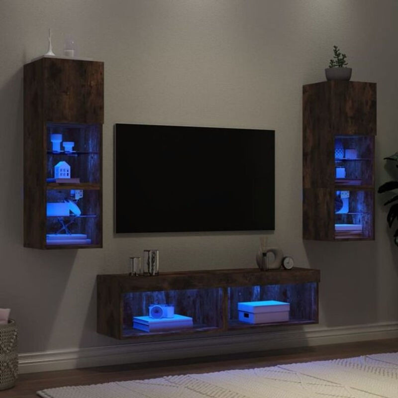 Vidaxl 6-tlg. Wohnwand Modern aus Holzwerkstoff mit LED-Beleuchtung in Räuchereiche Grau Braun - Bild 1