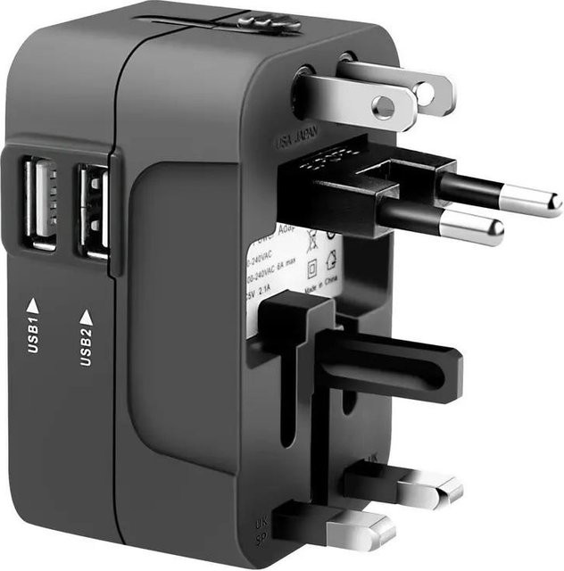 Universeller Reiseadapter mit 2 USB-Ladeanschlüssen (USB-A und USB-C), All-in-One Weltreise-Adapter mit 100-240V Wandladegerät, Schwarz - Bild 1