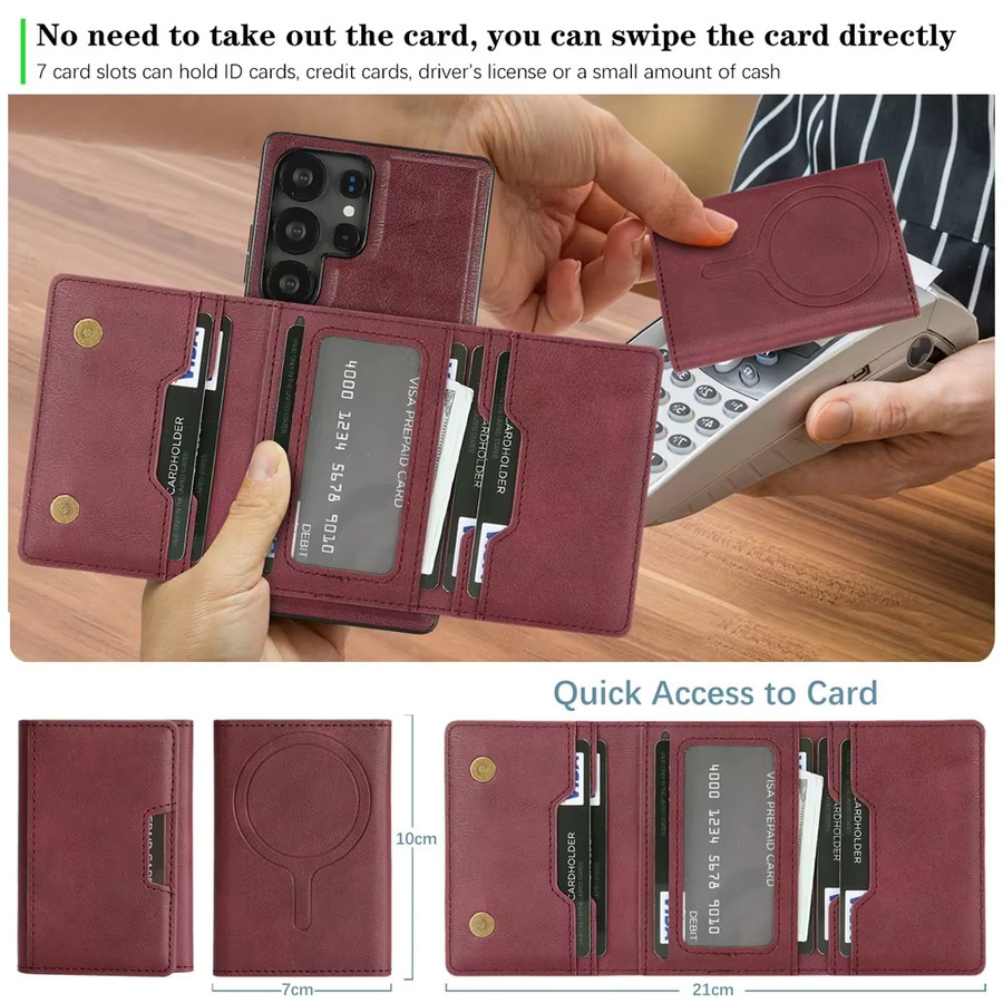 2-in-1 Magnetische Ledertasche für Samsung Galaxy S25 S24 Ultra S23 Plus mit 7 Kartenfächern in Rot oder Braun - Bild 4